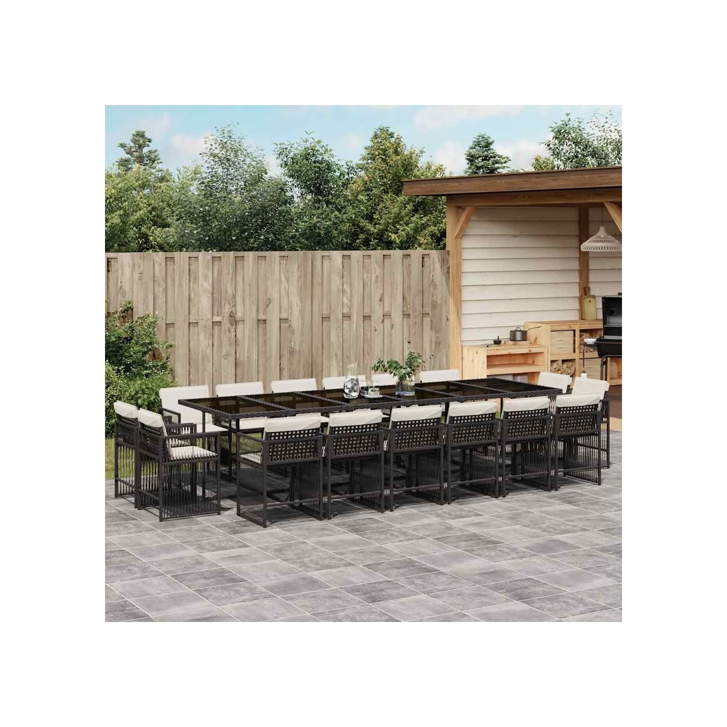 Ensemble à manger de jardin 17 pcs coussins noir résine tressée