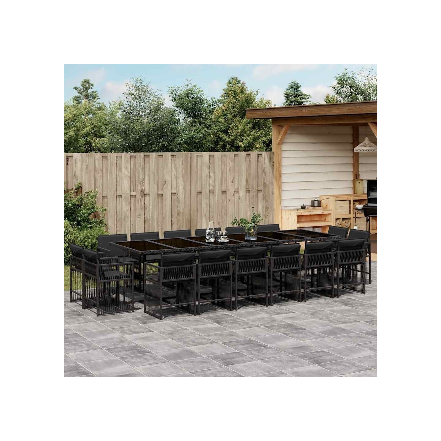 Ensemble à manger de jardin 17 pcs coussins noir résine tressée