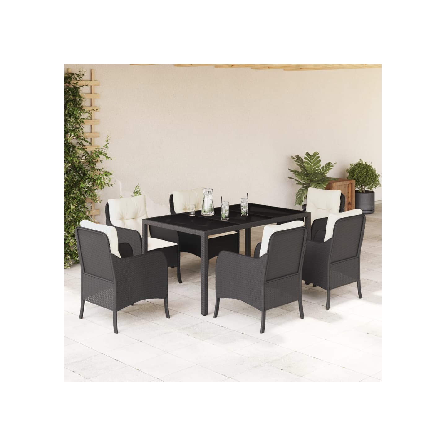 Ensemble à manger de jardin coussins 7pcs Noir Résine tressée