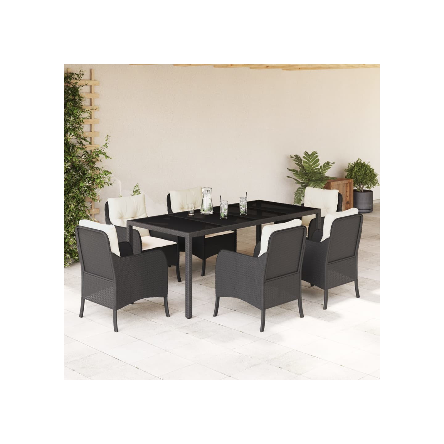 Ensemble à manger de jardin coussins 7pcs Noir Résine tressée