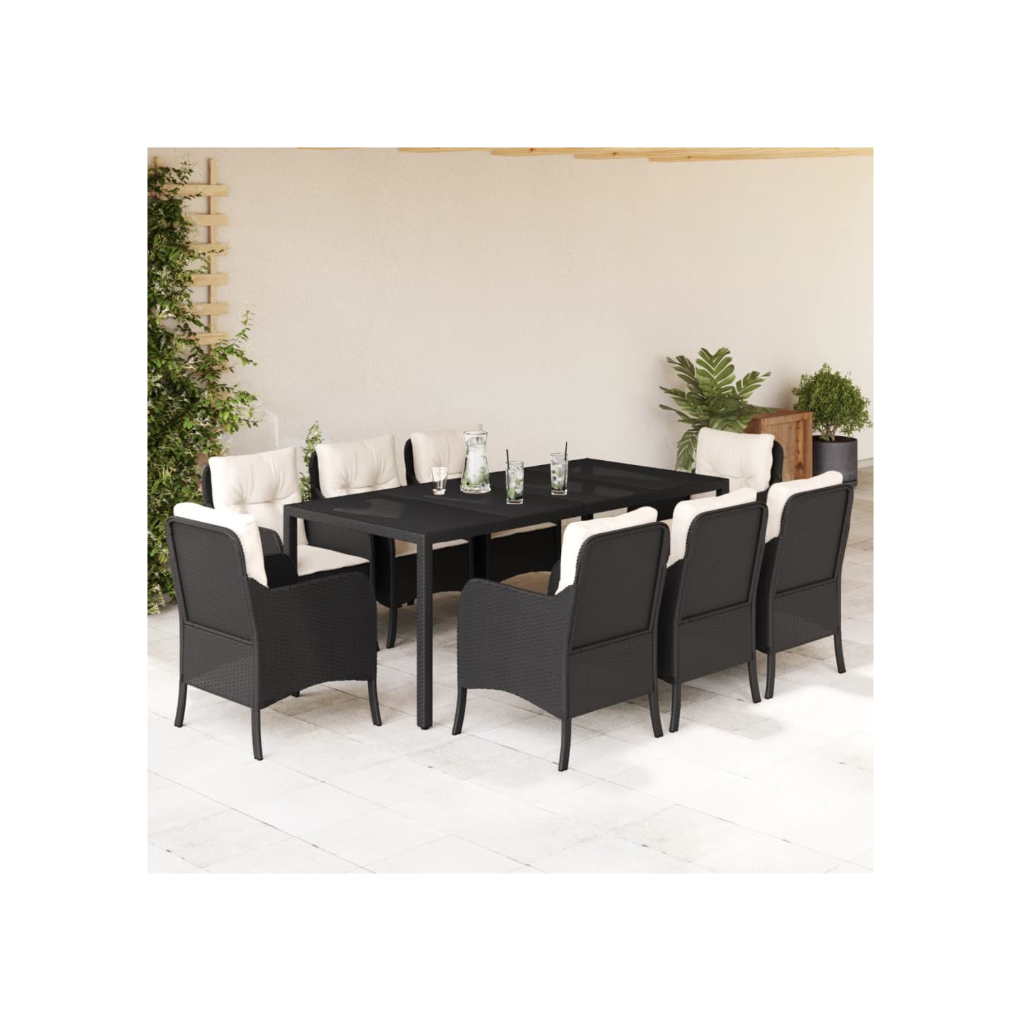 Ensemble à manger de jardin 9pcs coussins noir résine tressée