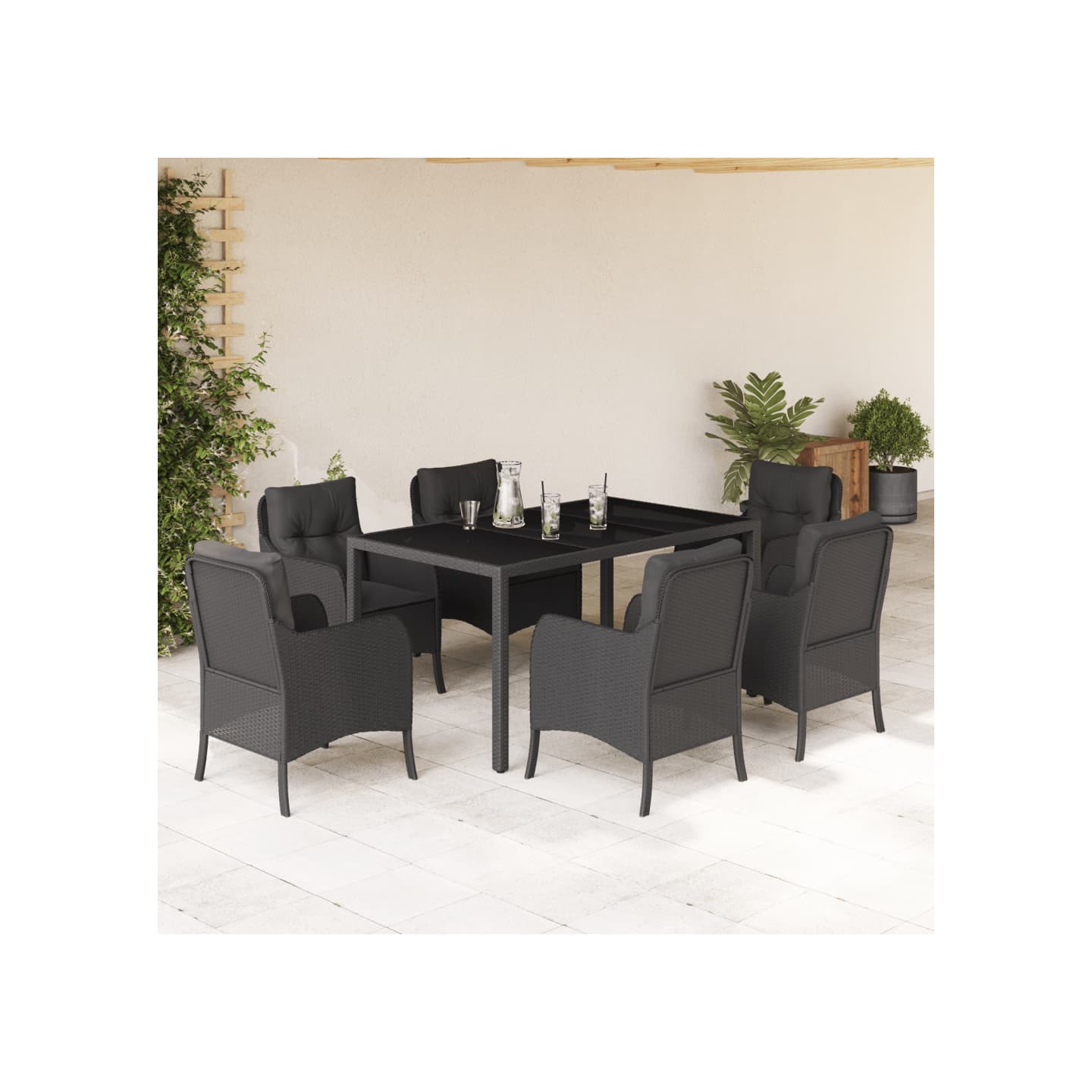 Ensemble à manger de jardin coussins 7pcs Noir Résine tressée