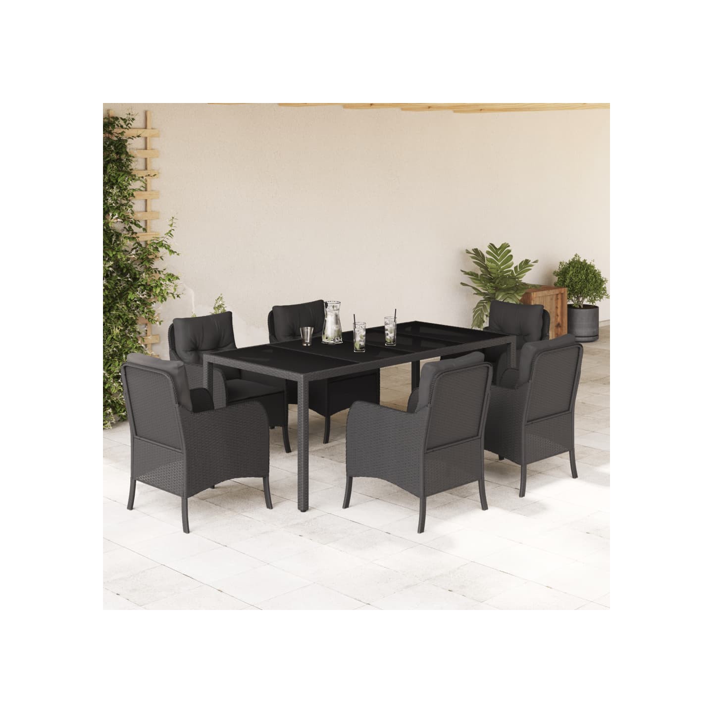 Ensemble à manger de jardin coussins 7pcs Noir Résine tressée