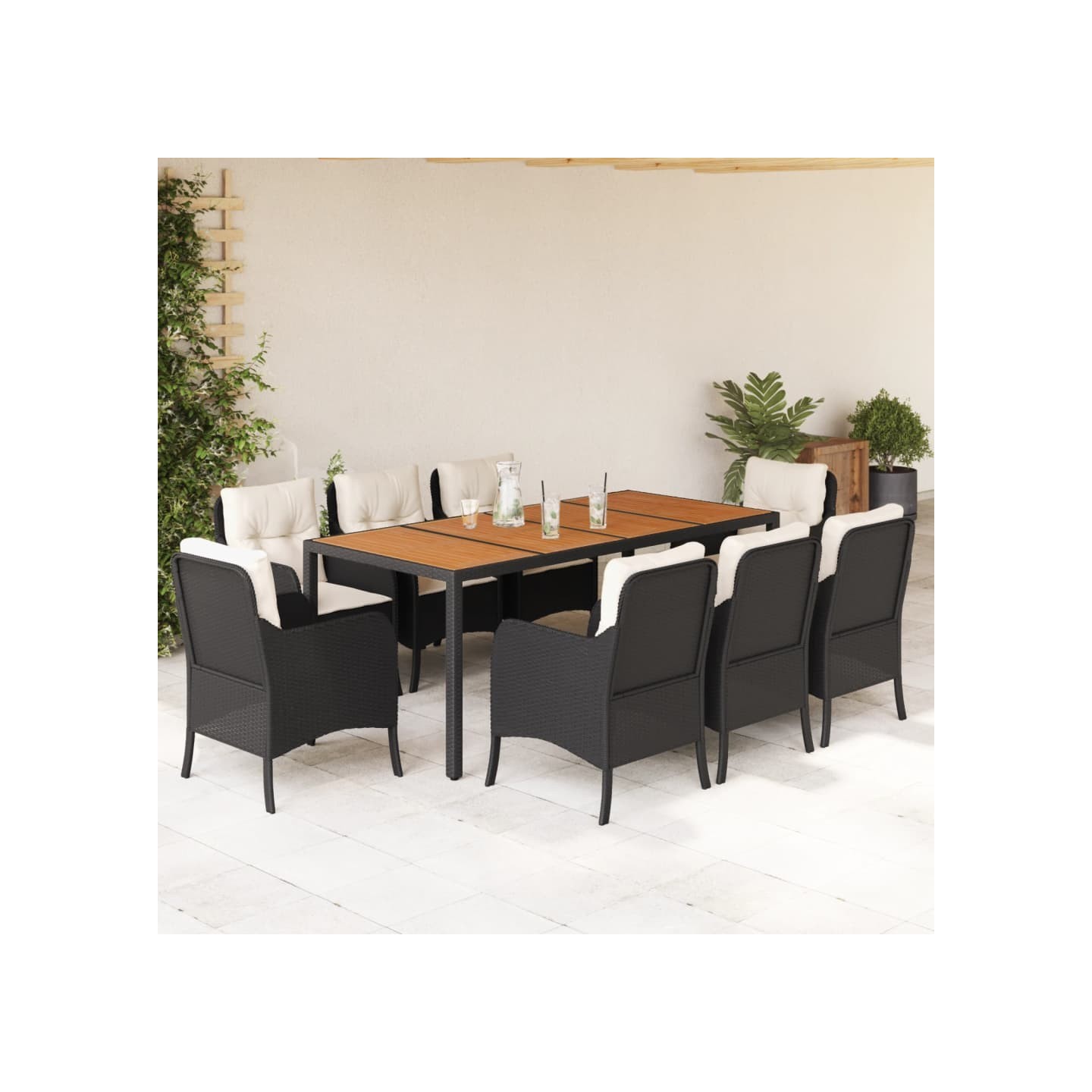 Ensemble à manger de jardin 9pcs coussins noir résine tressée