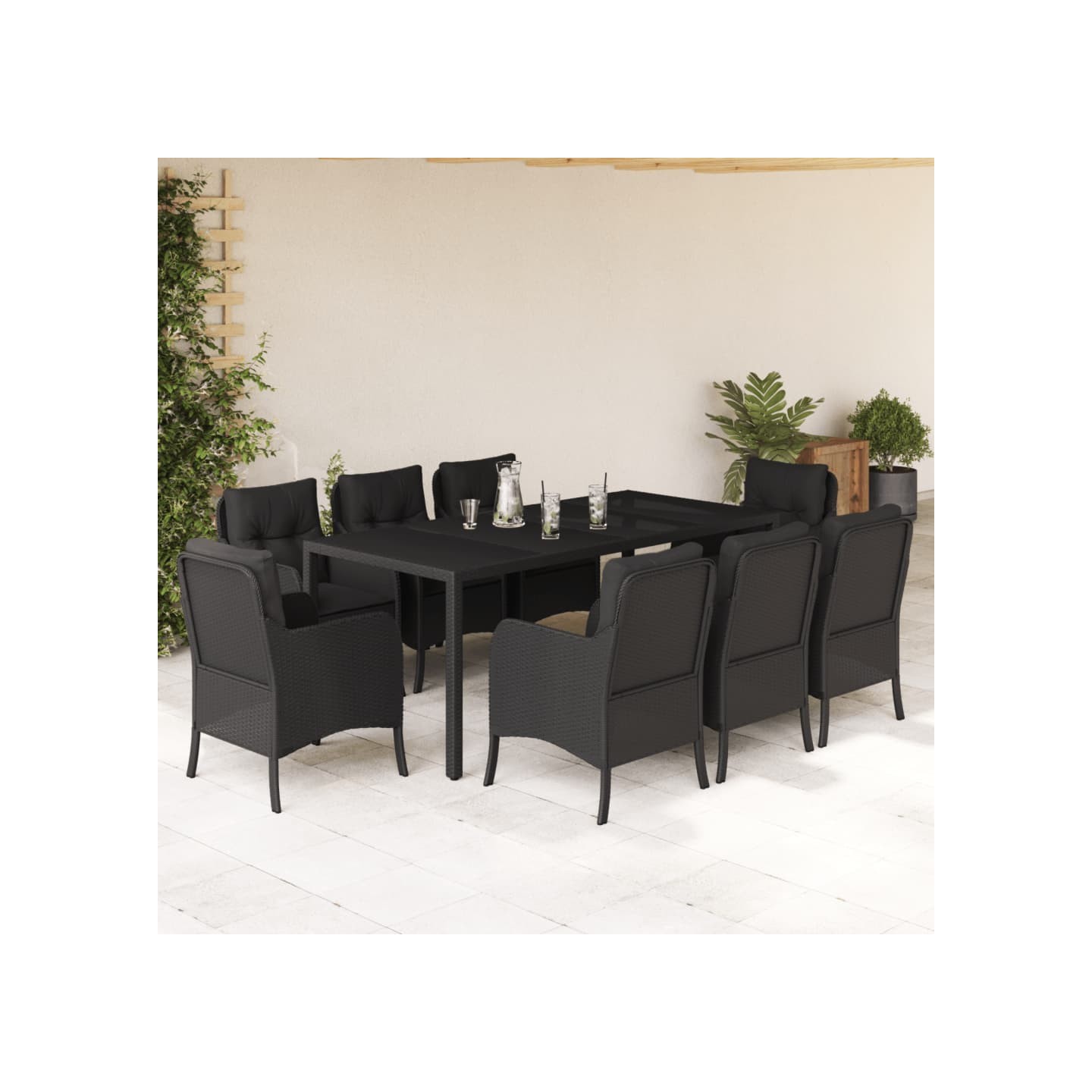 Ensemble à manger de jardin 9pcs coussins noir résine tressée