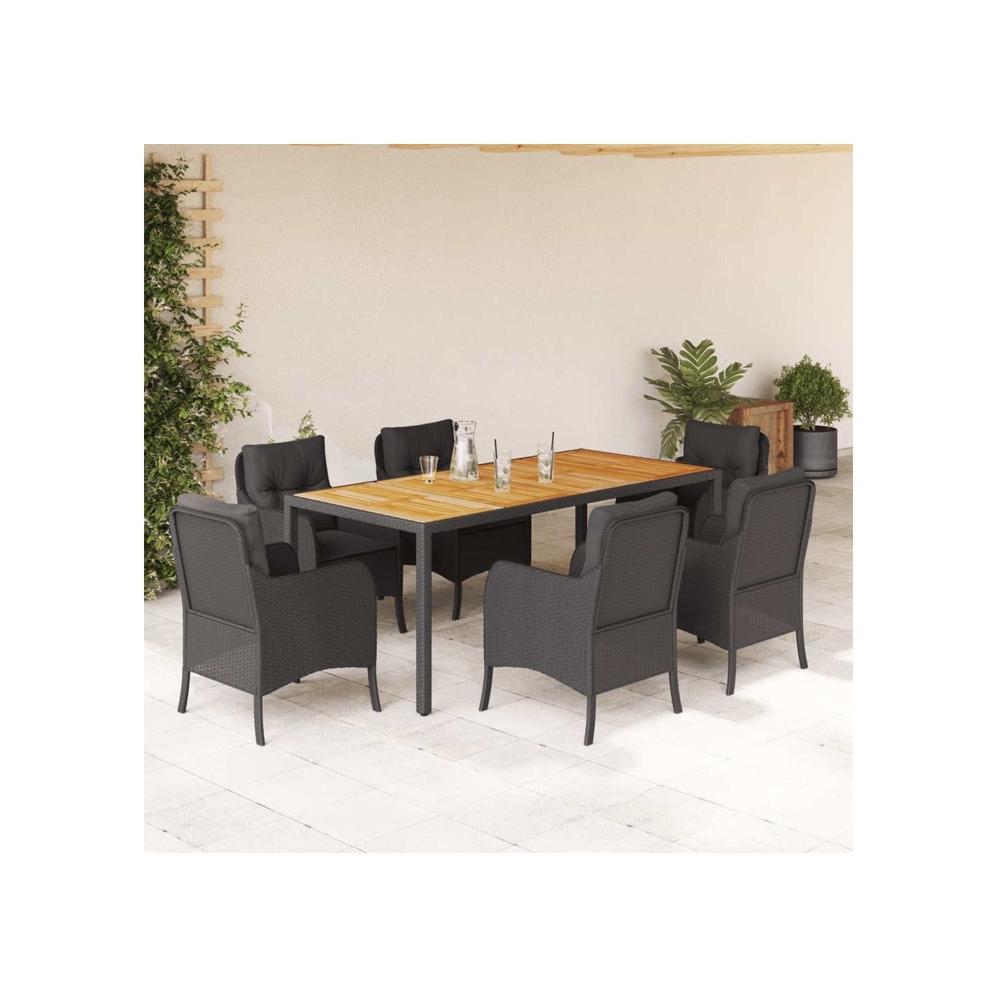 Ensemble à manger de jardin coussins 7pcs Noir Résine tressée