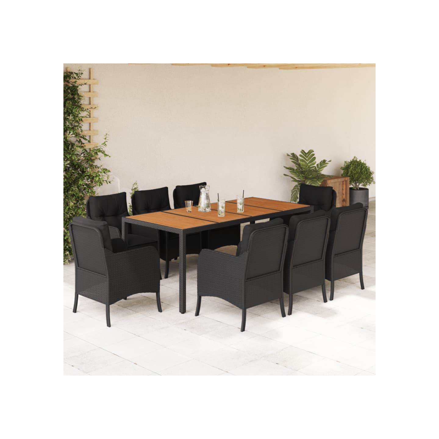 Ensemble à manger de jardin 9pcs coussins noir résine tressée