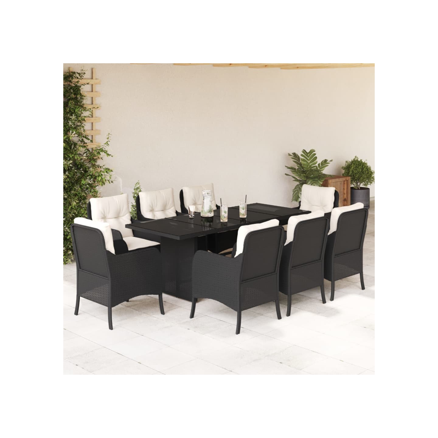 Ensemble à manger de jardin 9pcs coussins noir résine tressée
