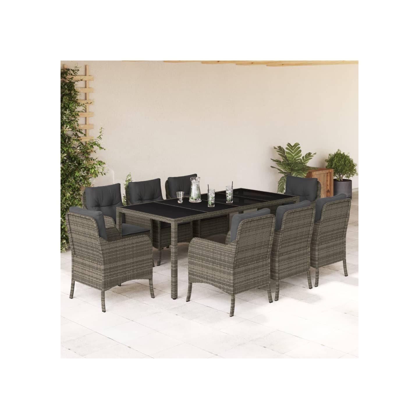Ensemble à manger de jardin 9 pcs coussins gris résine tressée