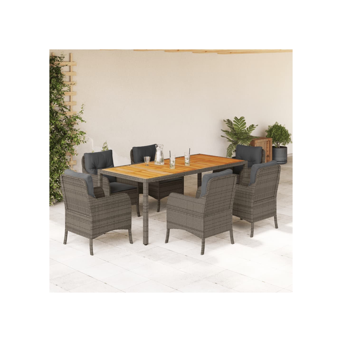 Ensemble à manger de jardin et coussins 7 pcs gris rotin