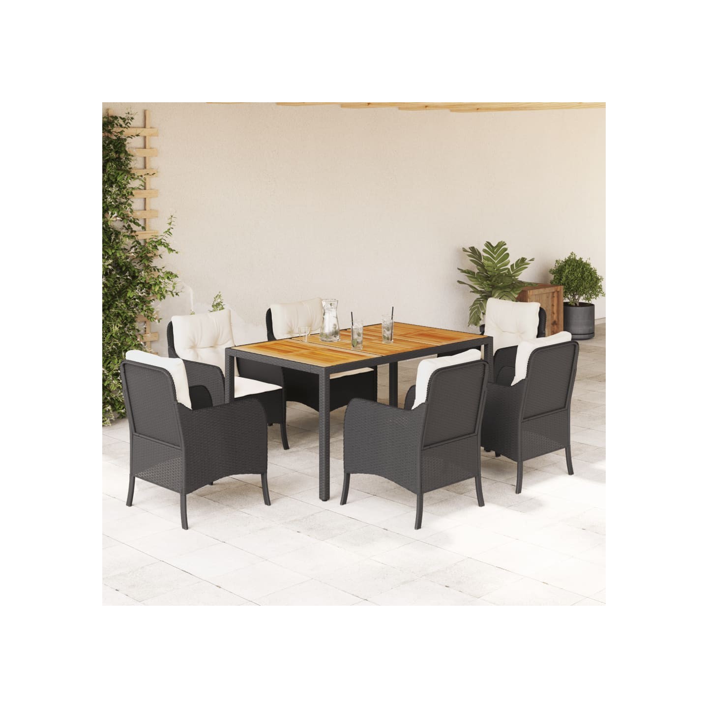 Ensemble à manger de jardin coussins 7pcs Noir Résine tressée