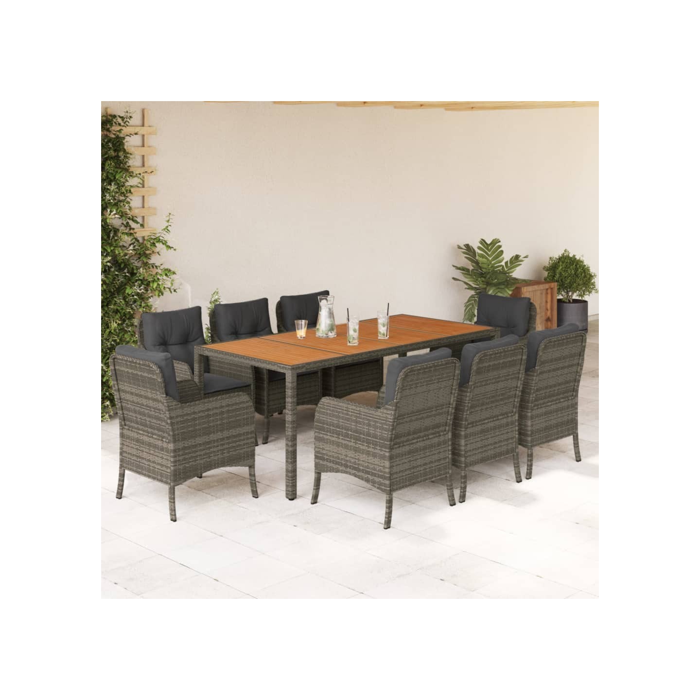 Ensemble à manger de jardin 9 pcs coussins gris résine tressée