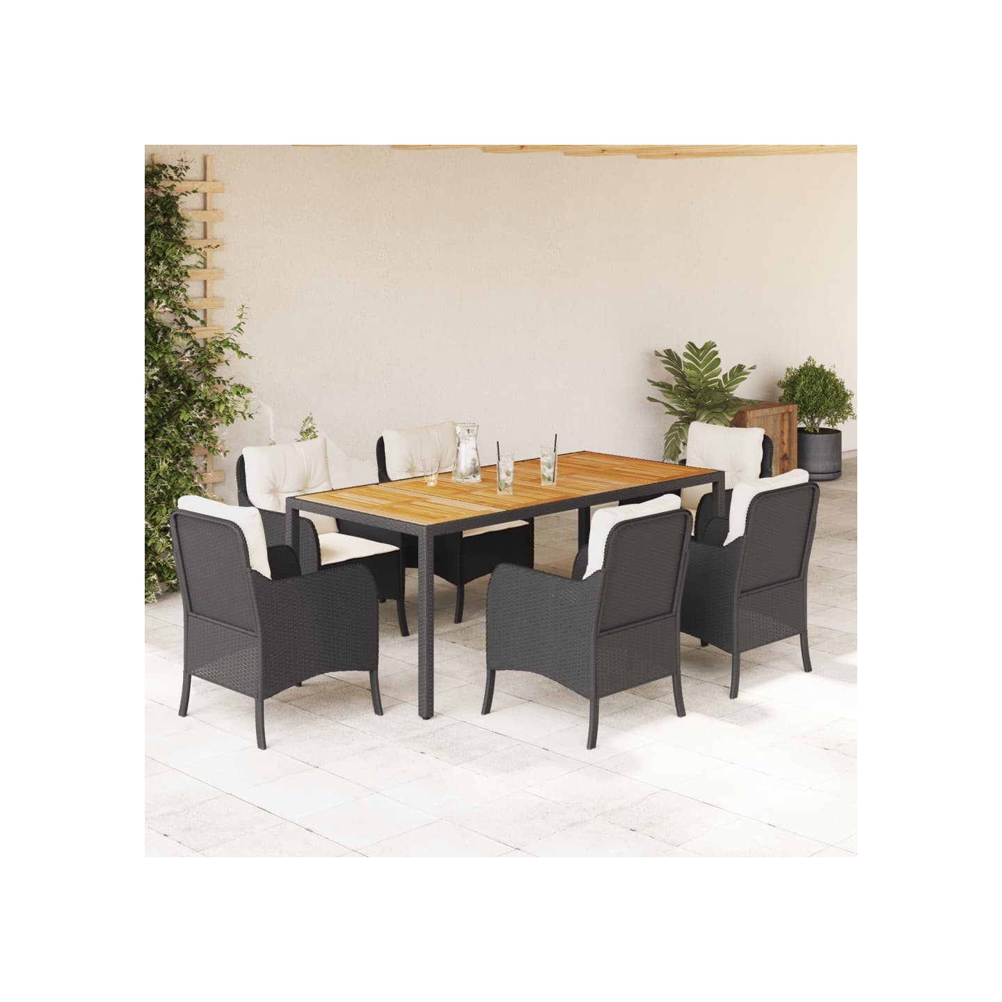 Ensemble à manger de jardin coussins 7pcs Noir Résine tressée