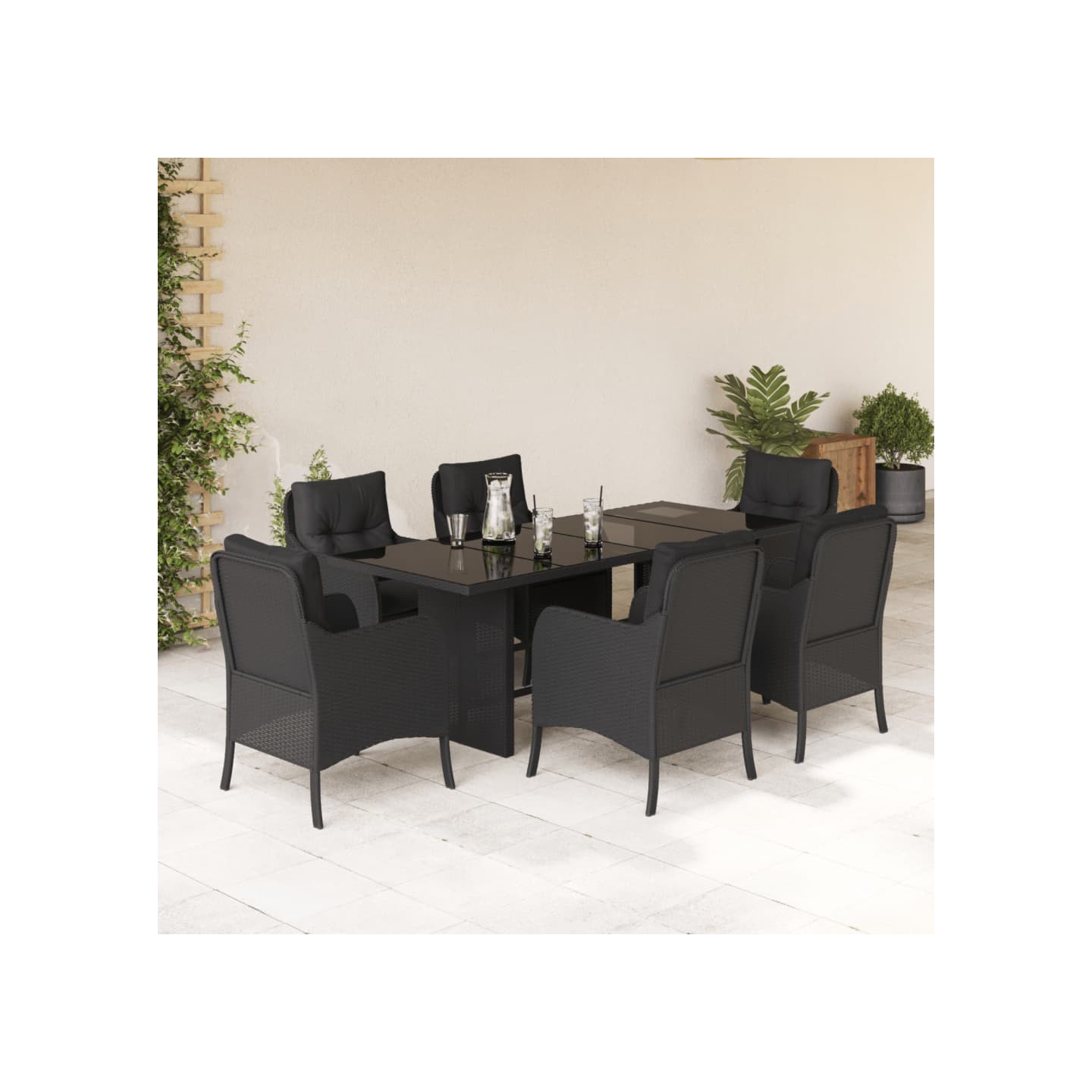 Ensemble à manger de jardin coussins 7pcs Noir Résine tressée