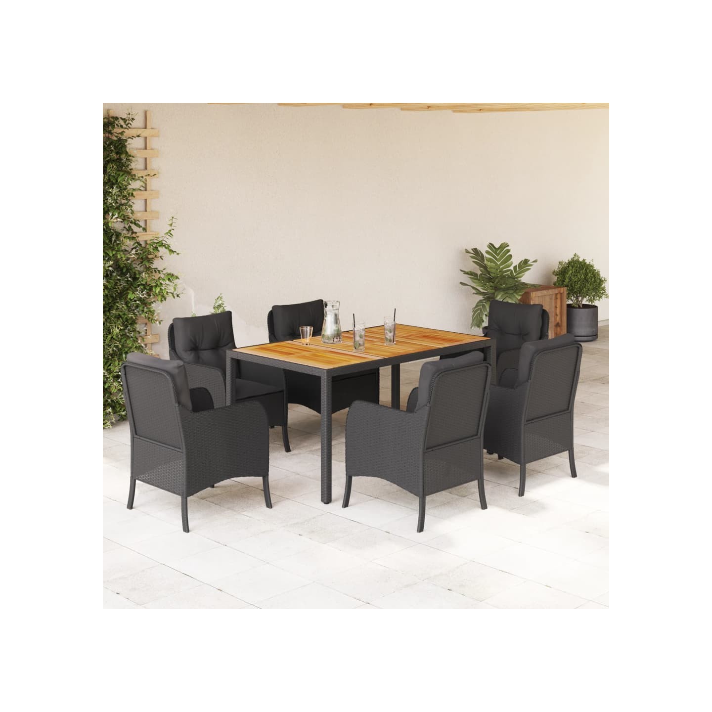 Ensemble à manger de jardin coussins 7pcs Noir Résine tressée