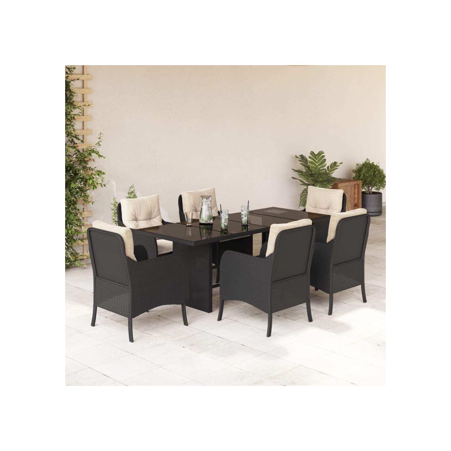 Ensemble à manger de jardin coussins 7pcs Noir Résine tressée
