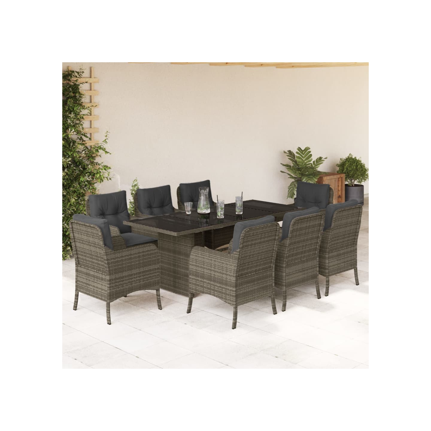 Ensemble à manger de jardin 9 pcs coussins gris résine tressée