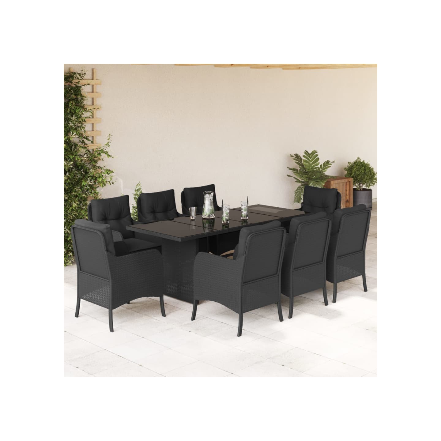 Ensemble à manger de jardin 9pcs coussins noir résine tressée