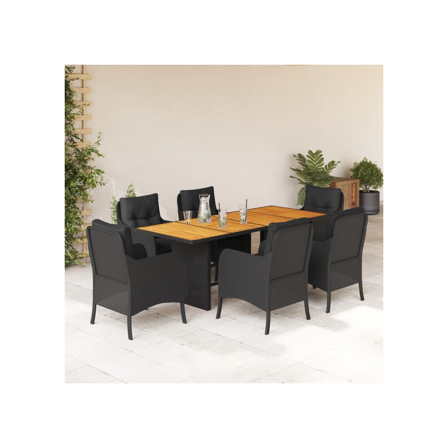 Ensemble à manger de jardin coussins 7pcs Noir Résine tressée