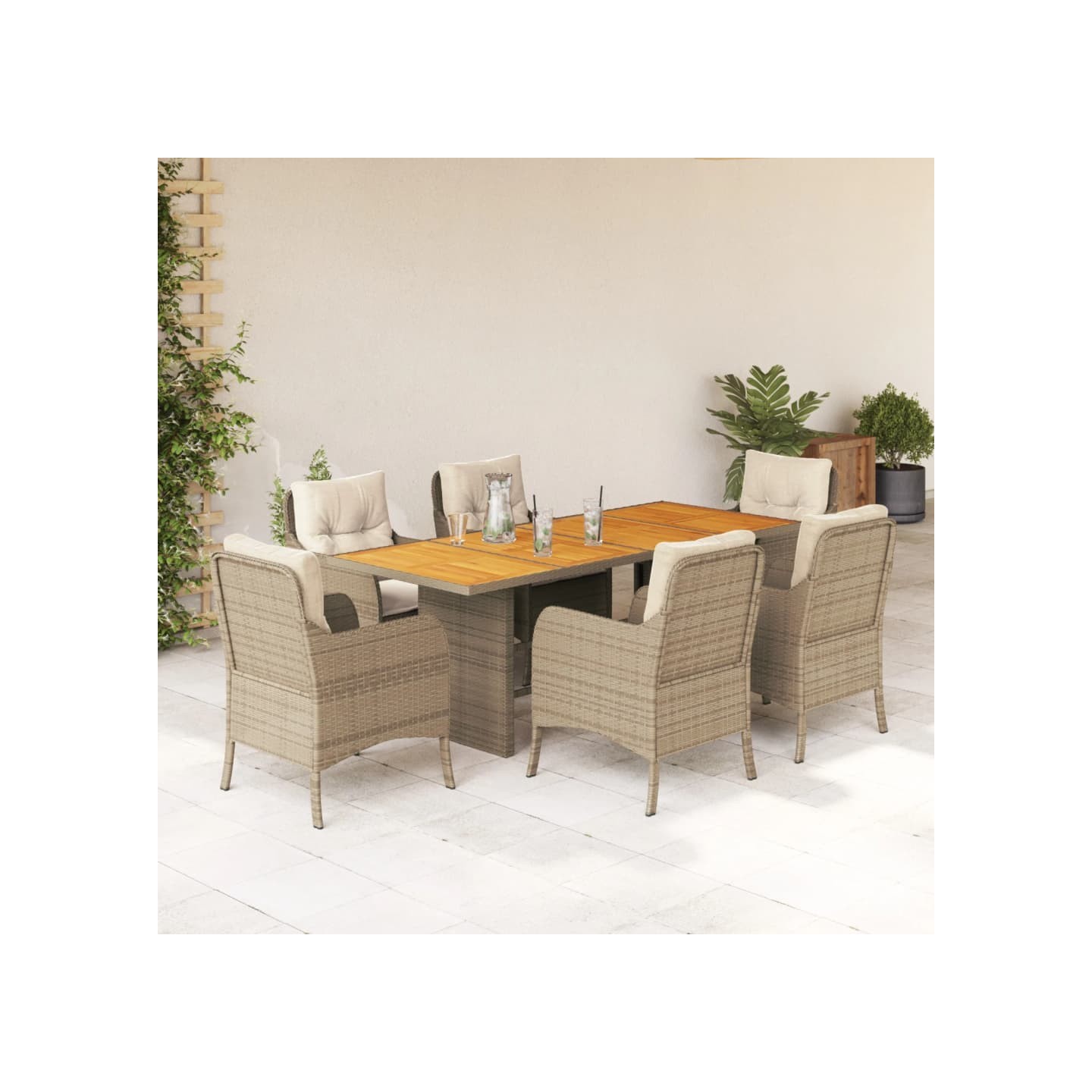 Ensemble à manger de jardin et coussins 7 pcs beige poly rotin