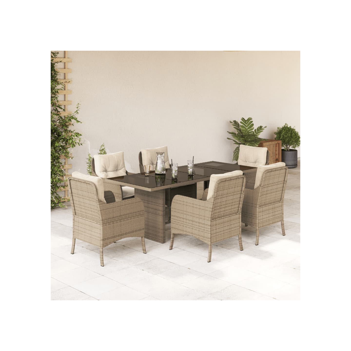 Ensemble à manger de jardin et coussins 7 pcs beige poly rotin