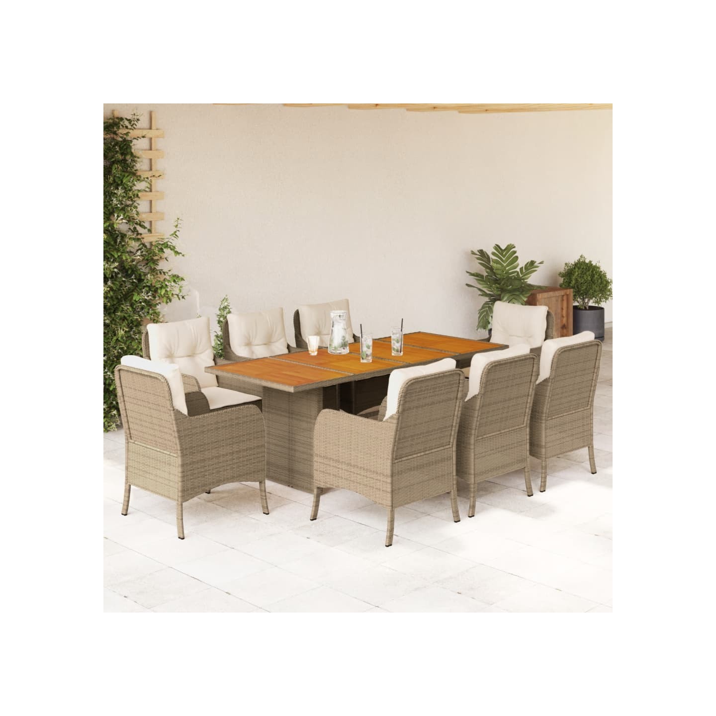 Ensemble à manger de jardin et coussins 9 pcs beige Poly rotin