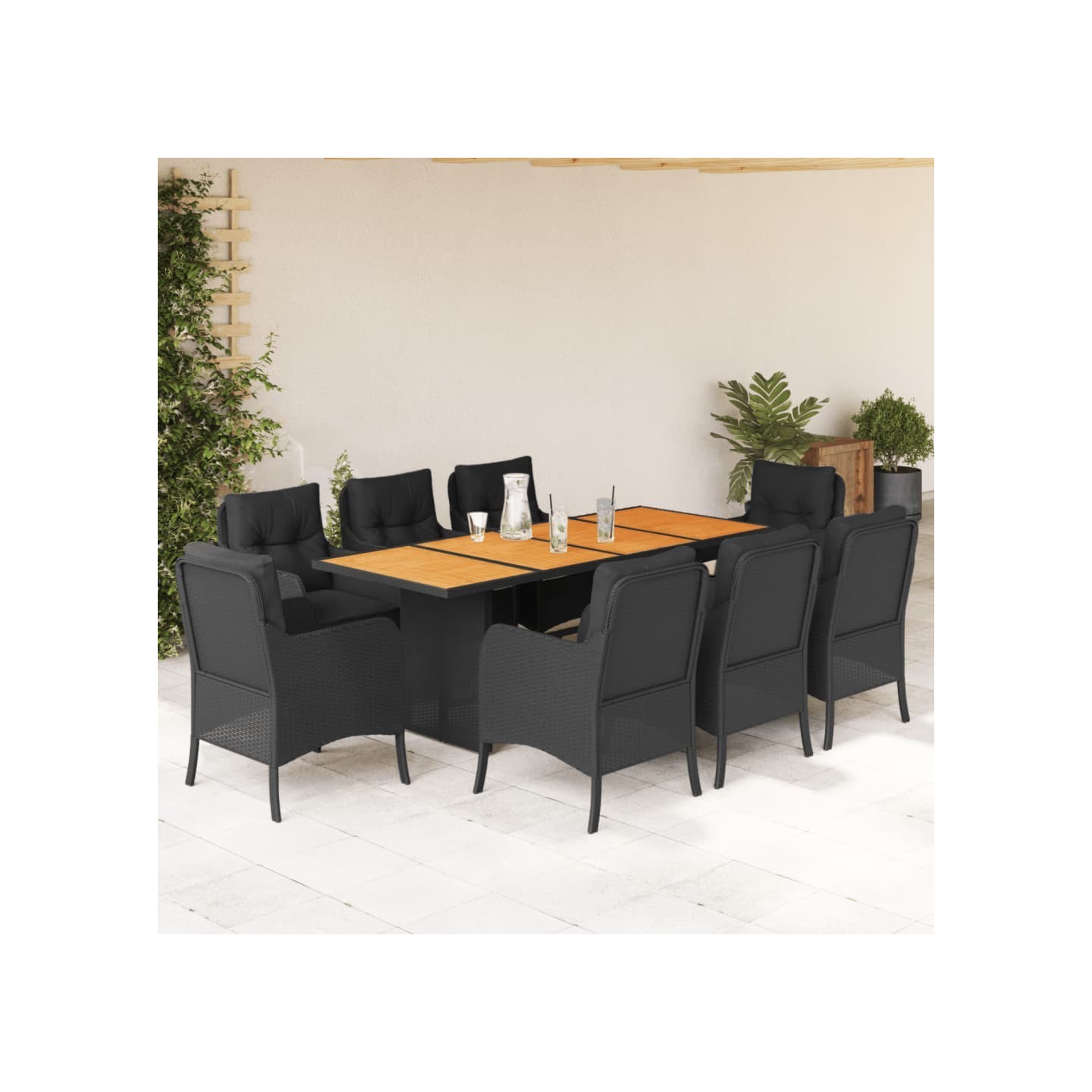 Ensemble à manger de jardin 9pcs coussins noir résine tressée