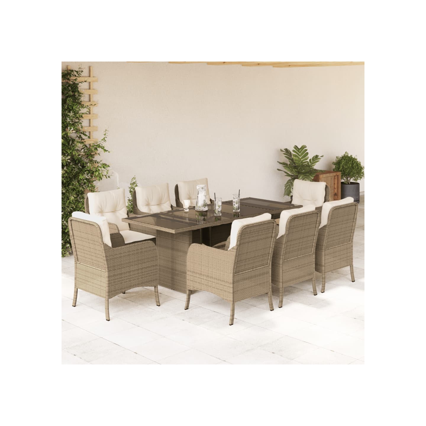 Ensemble à manger de jardin et coussins 9 pcs beige Poly rotin
