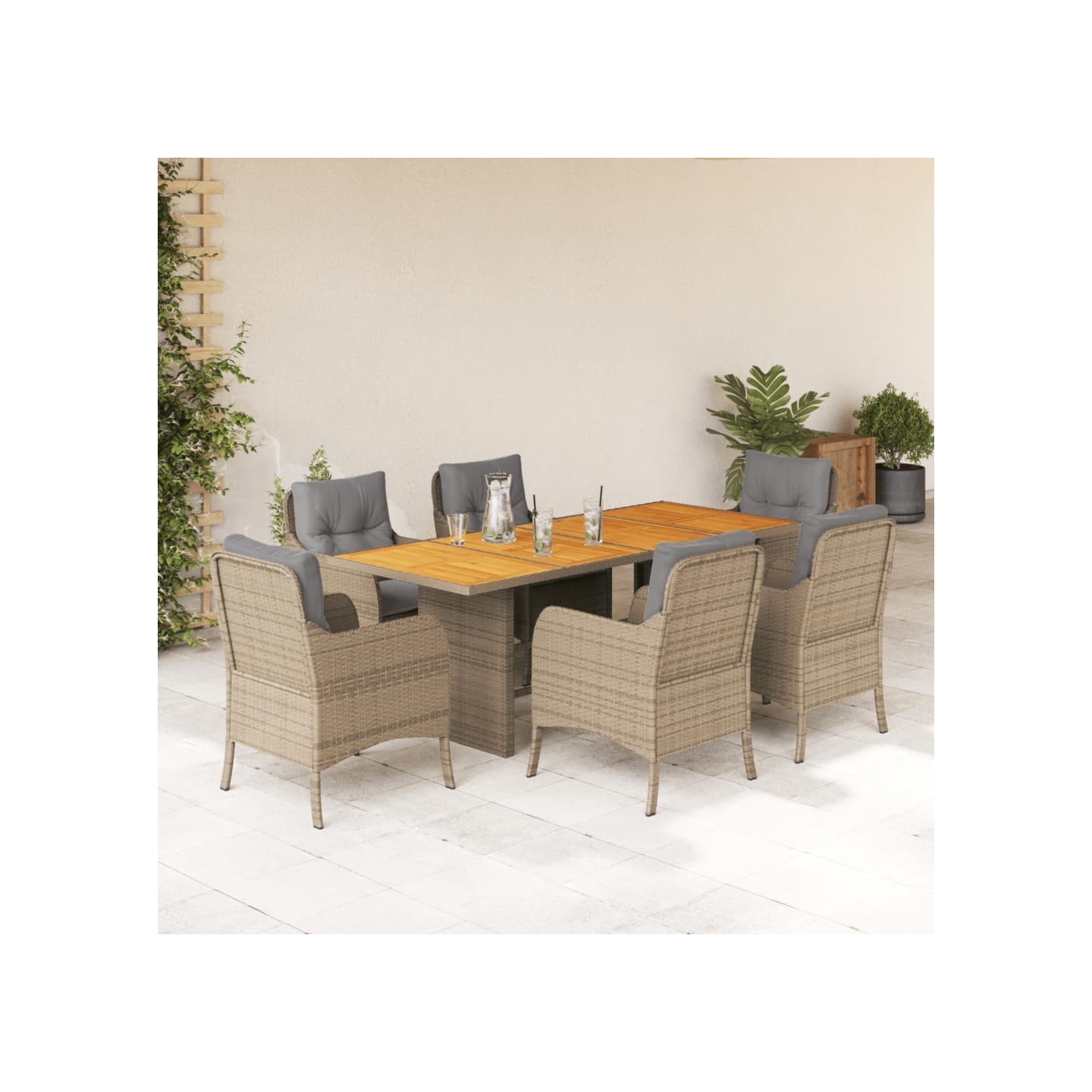 Ensemble à manger de jardin et coussins 7 pcs beige poly rotin
