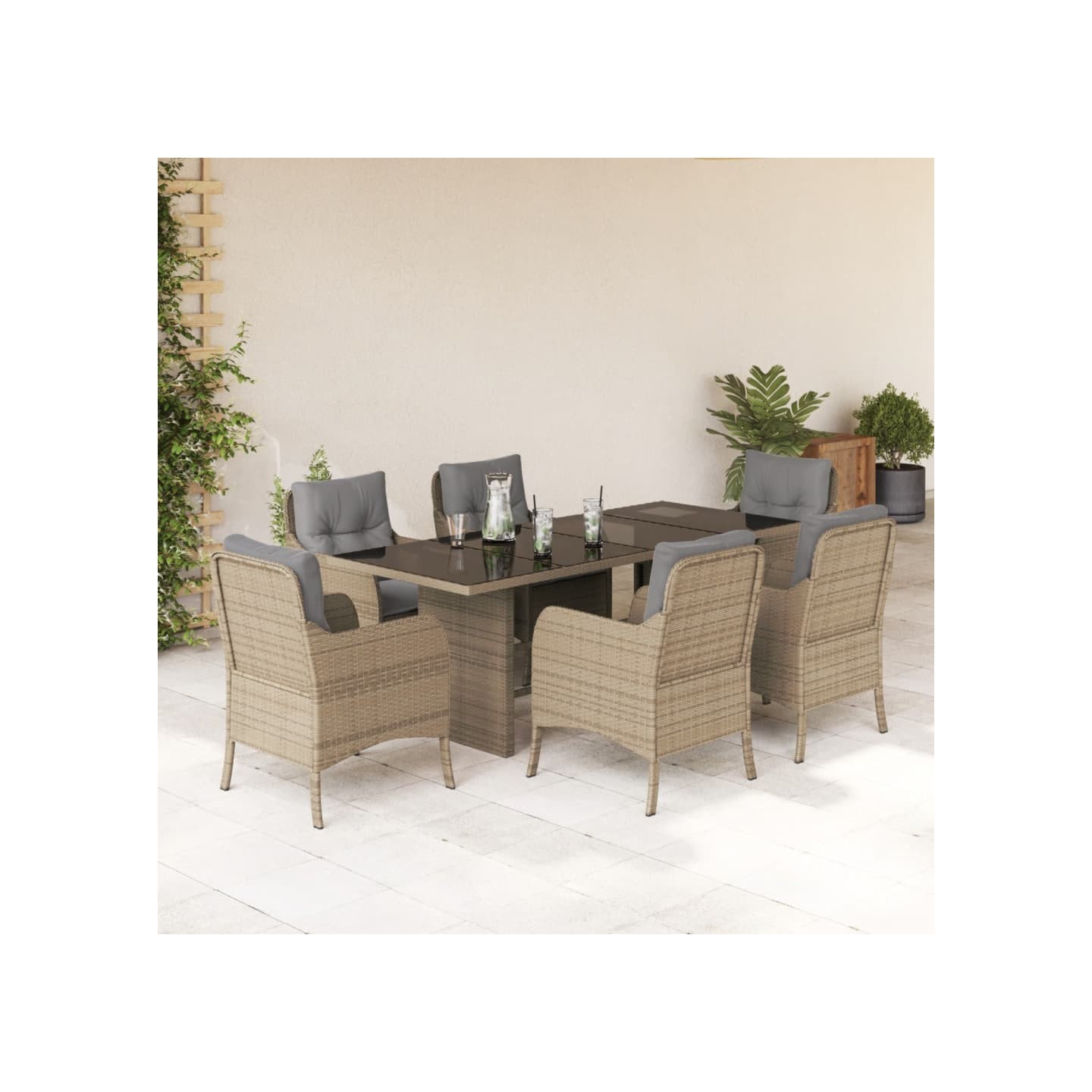 Ensemble à manger de jardin et coussins 7 pcs beige poly rotin