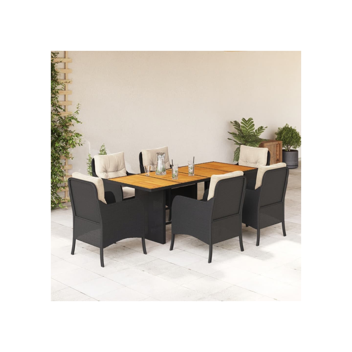 Ensemble à manger de jardin coussins 7pcs Noir Résine tressée