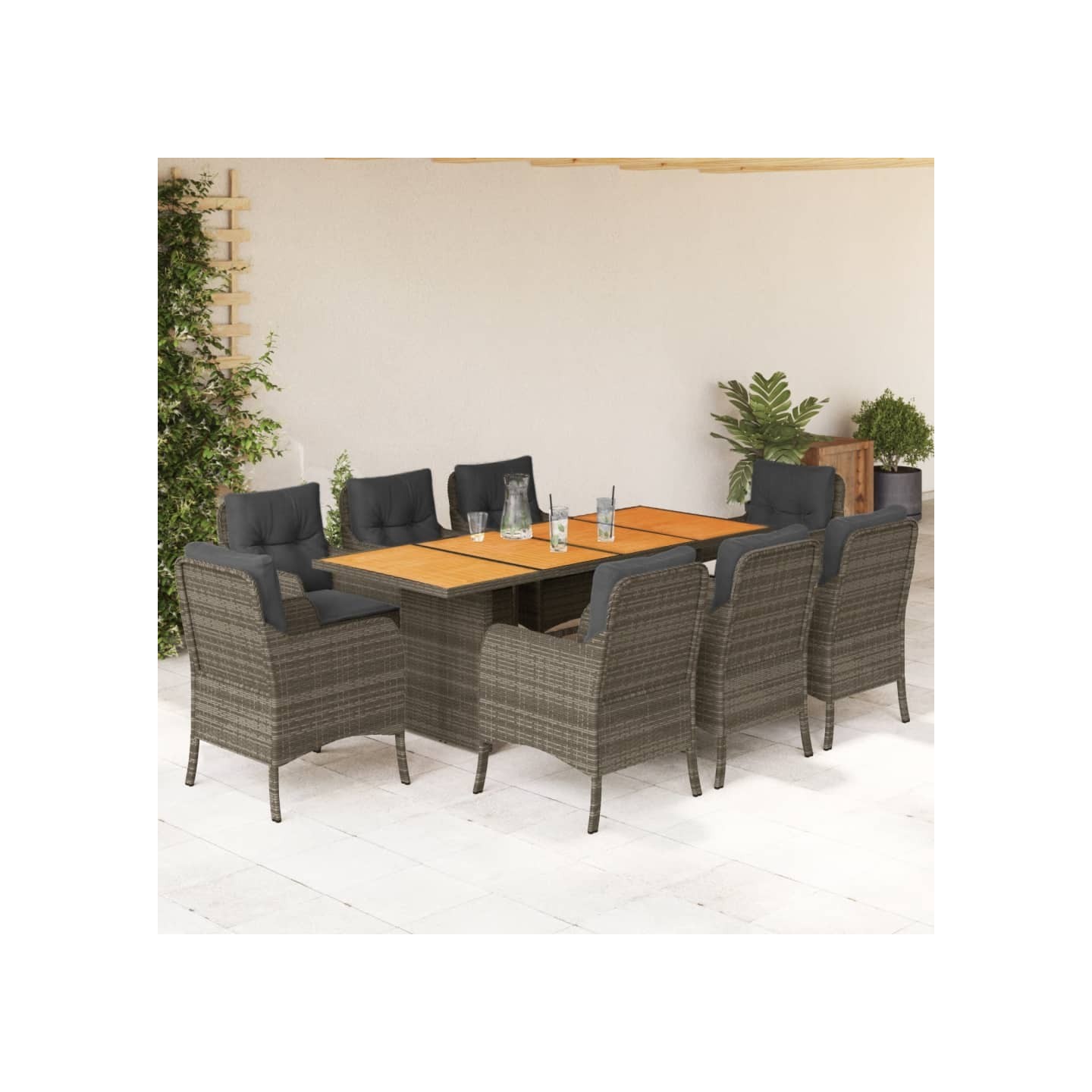 Ensemble à manger de jardin 9 pcs coussins gris résine tressée