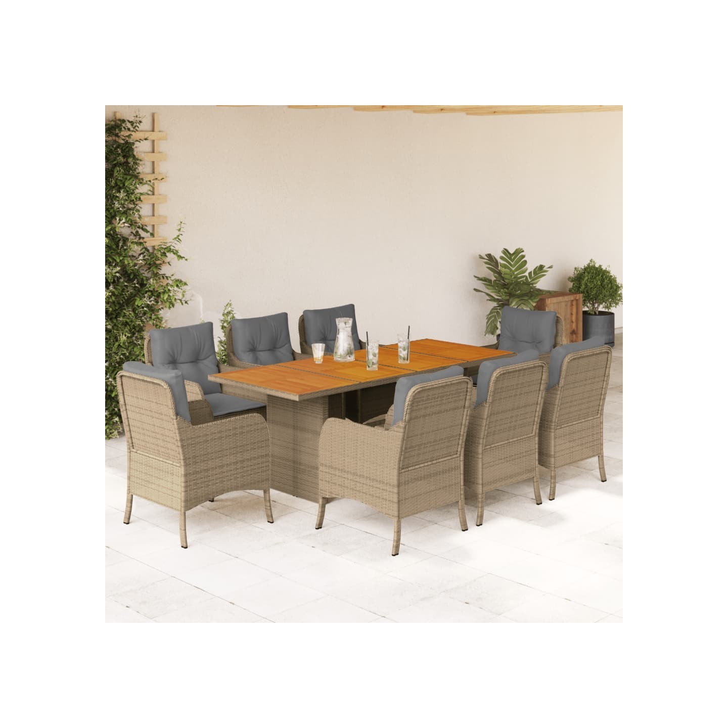 Ensemble à manger de jardin et coussins 9 pcs beige Poly rotin