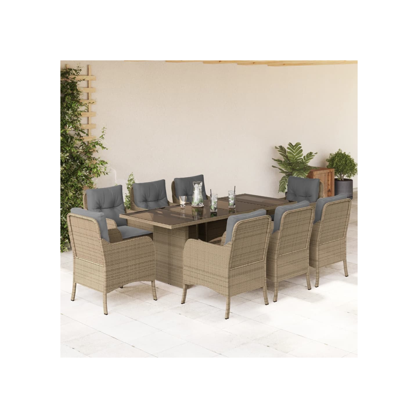 Ensemble à manger de jardin et coussins 9 pcs beige Poly rotin