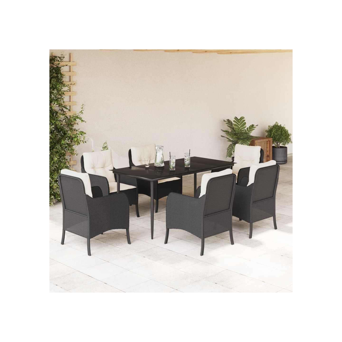 Ensemble à manger de jardin coussins 7pcs Noir Résine tressée