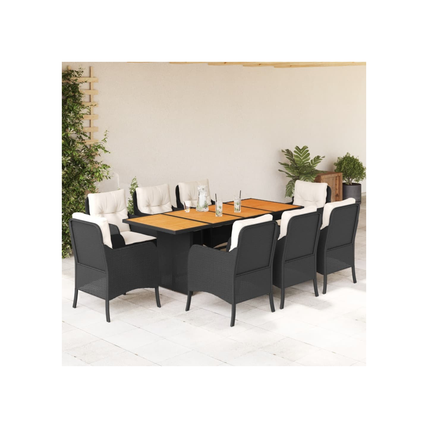 Ensemble à manger de jardin 9pcs coussins noir résine tressée