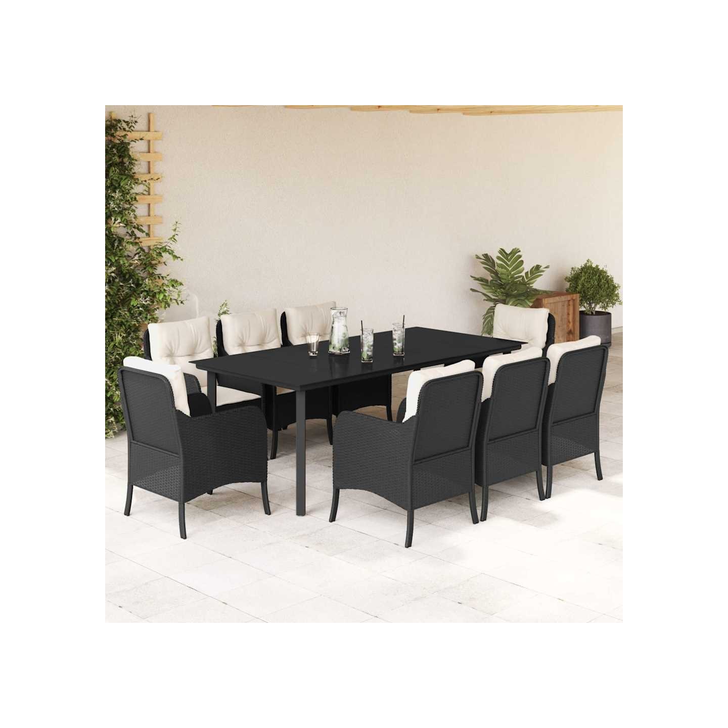 Ensemble à manger de jardin 9pcs coussins noir résine tressée