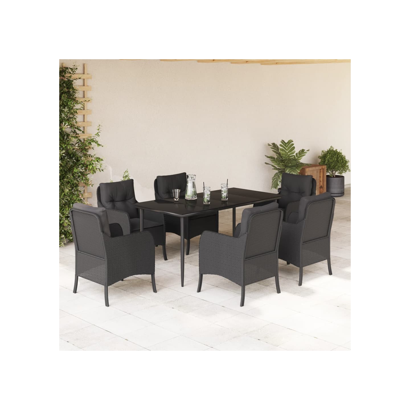 Ensemble à manger de jardin coussins 7pcs Noir Résine tressée