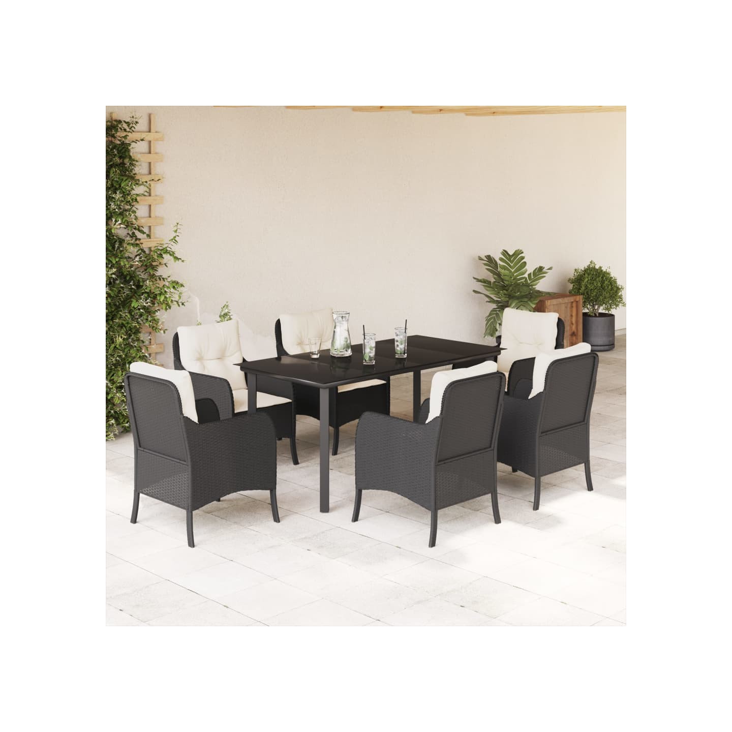 Ensemble à manger de jardin coussins 7pcs Noir Résine tressée