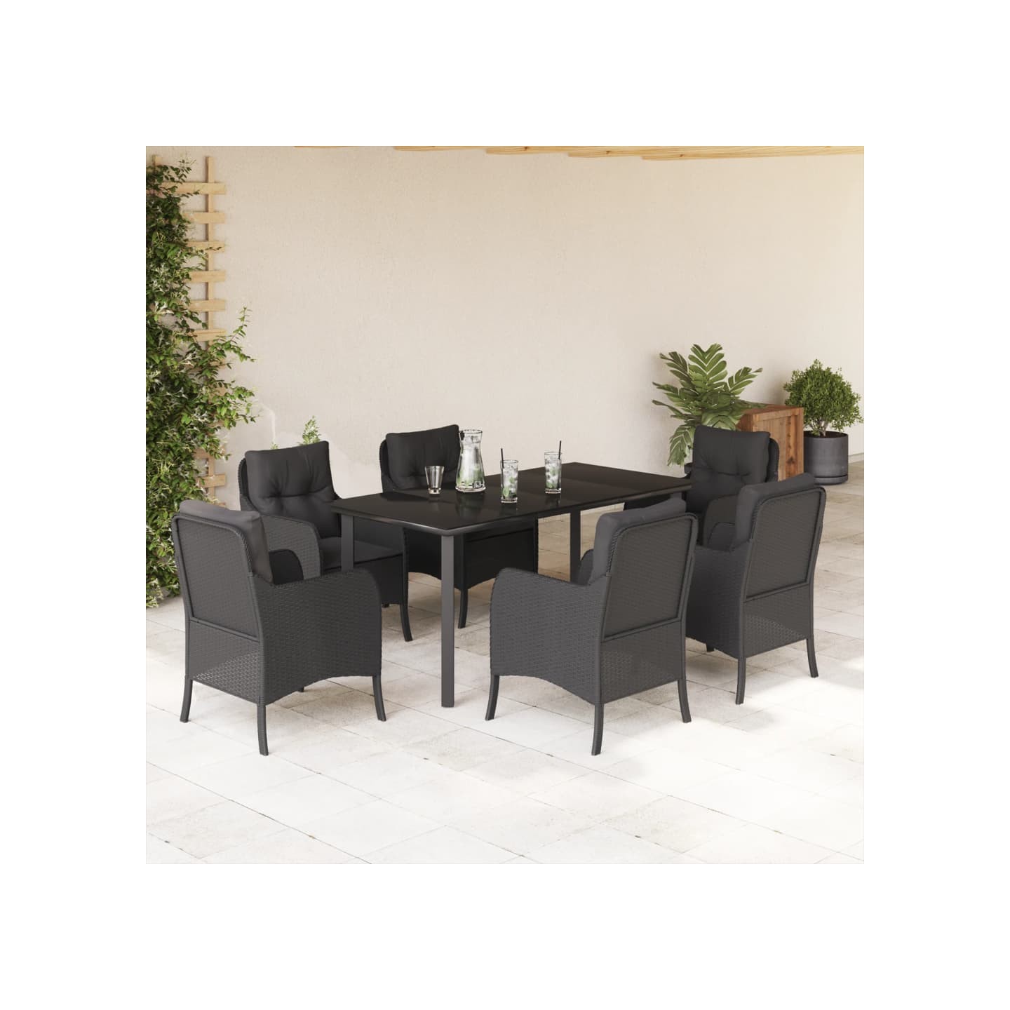 Ensemble à manger de jardin coussins 7pcs Noir Résine tressée