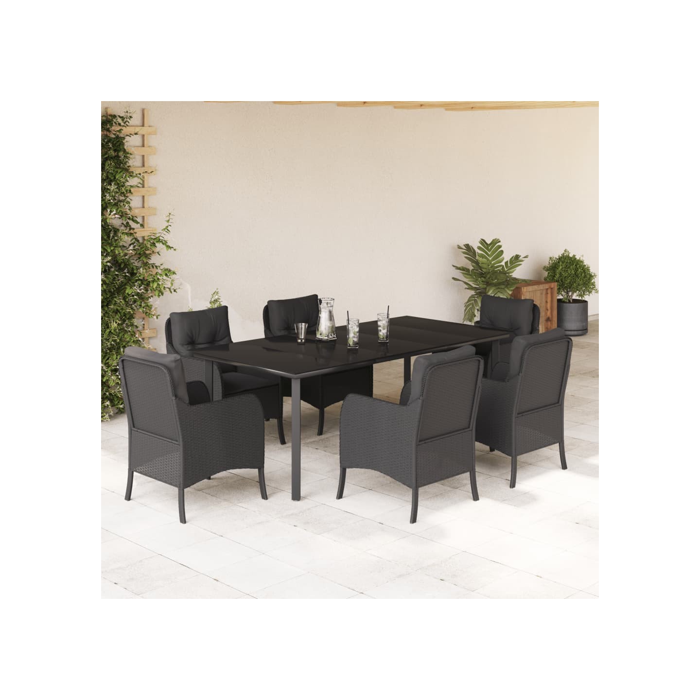 Ensemble à manger de jardin coussins 7pcs Noir Résine tressée