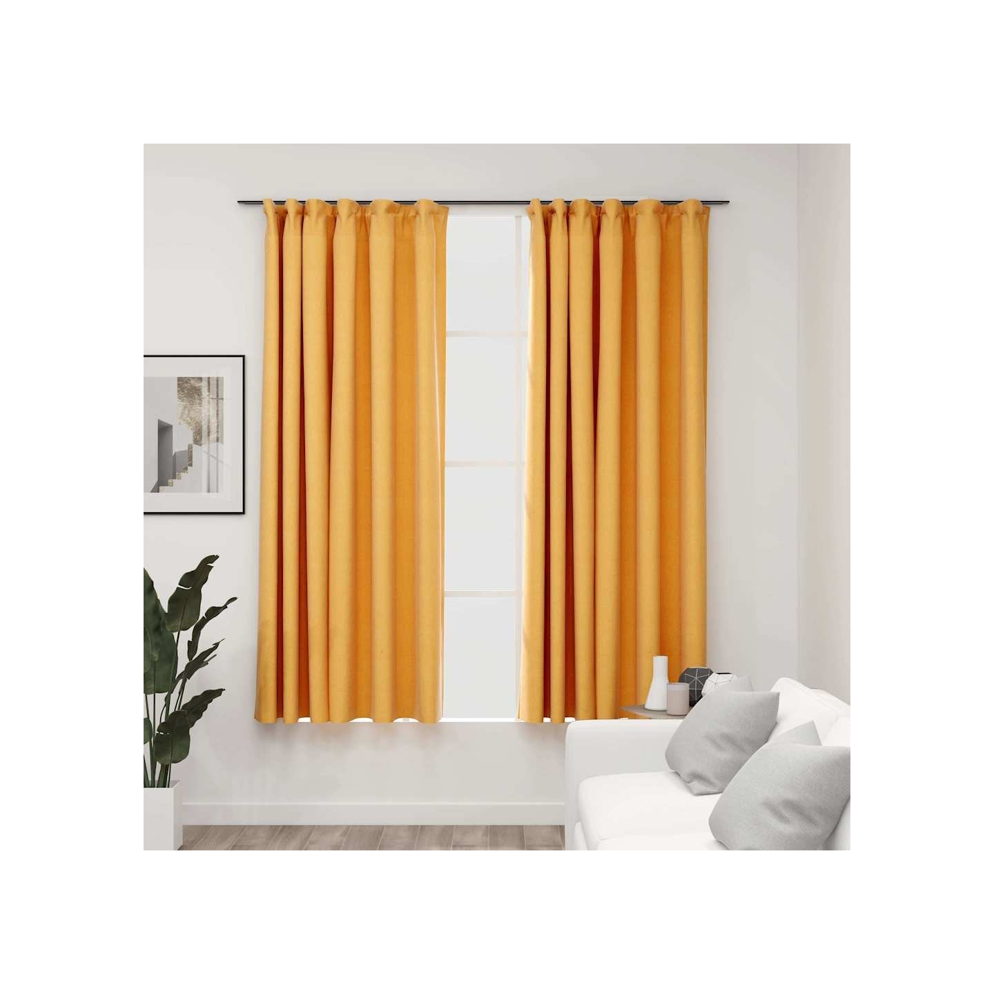Rideaux occultants aspect lin et crochets 2 pcs Jaune 140x175cm
