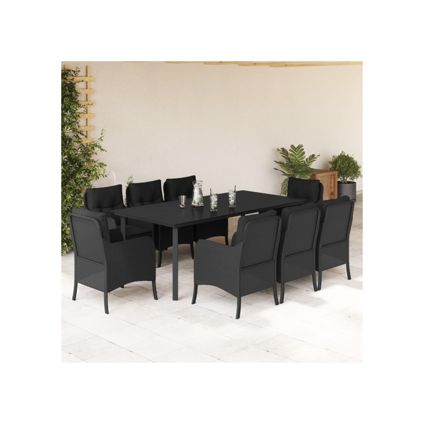 Ensemble à manger de jardin 9pcs coussins noir résine tressée