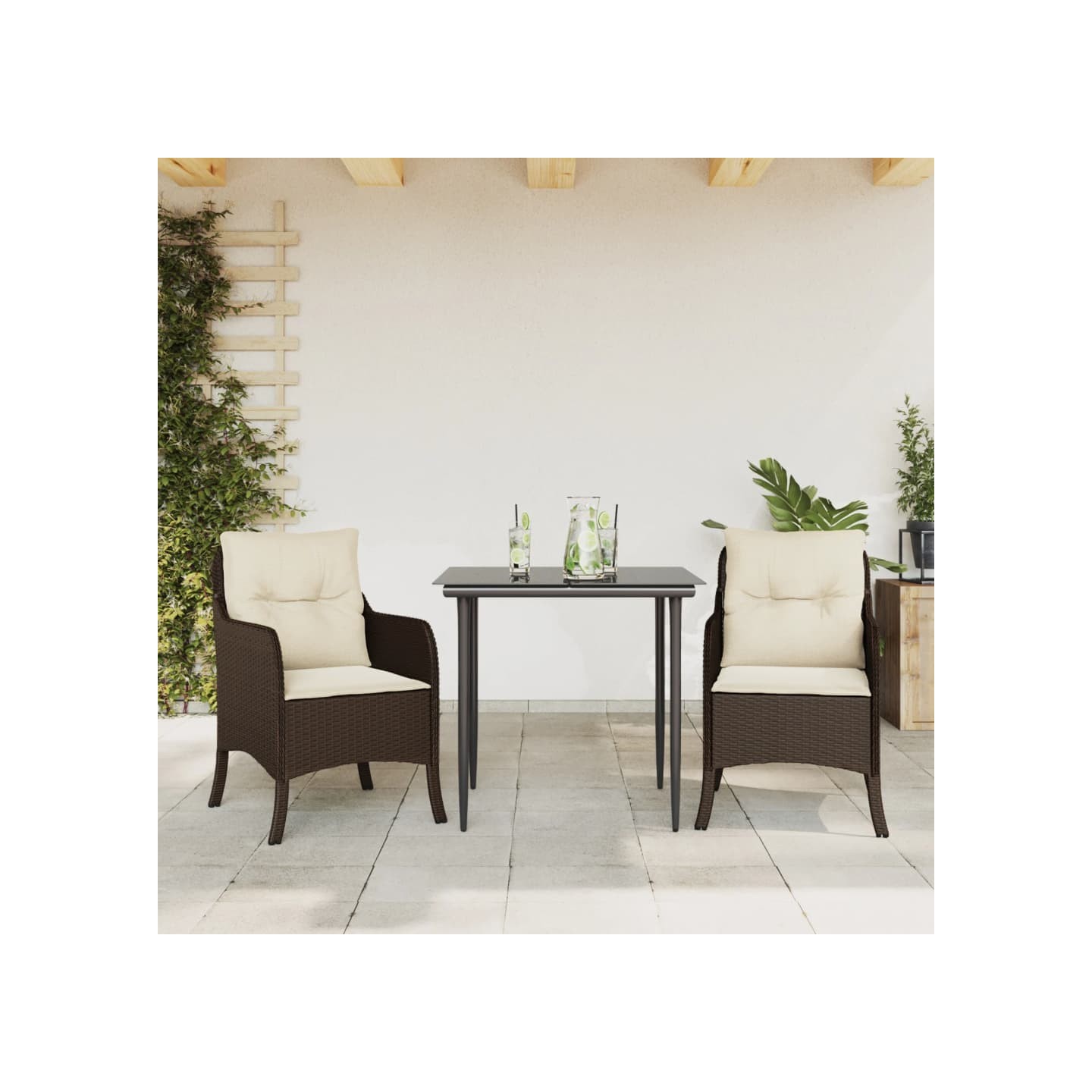 Ensemble à manger de jardin 3 pcs et coussins marron poly rotin