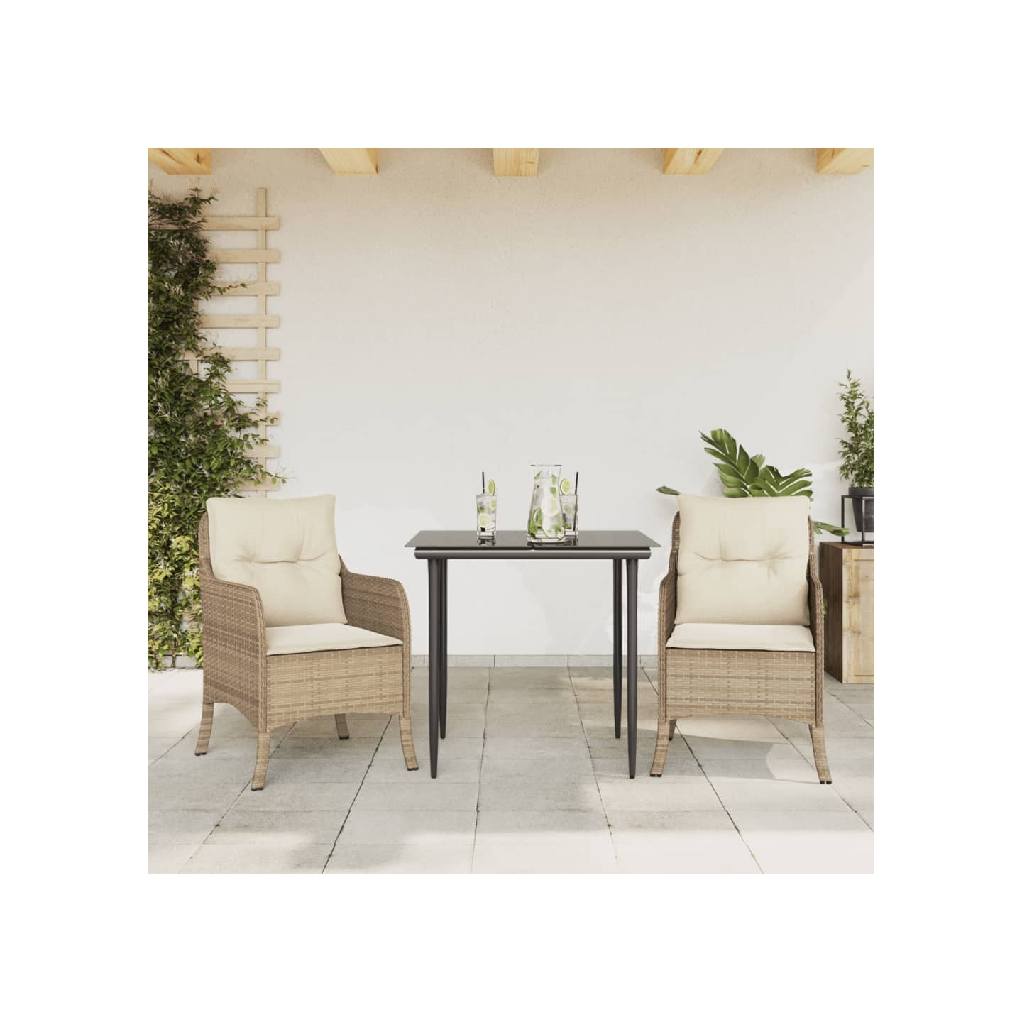 Ensemble à manger de jardin et coussins 3 pcs Beige poly rotin