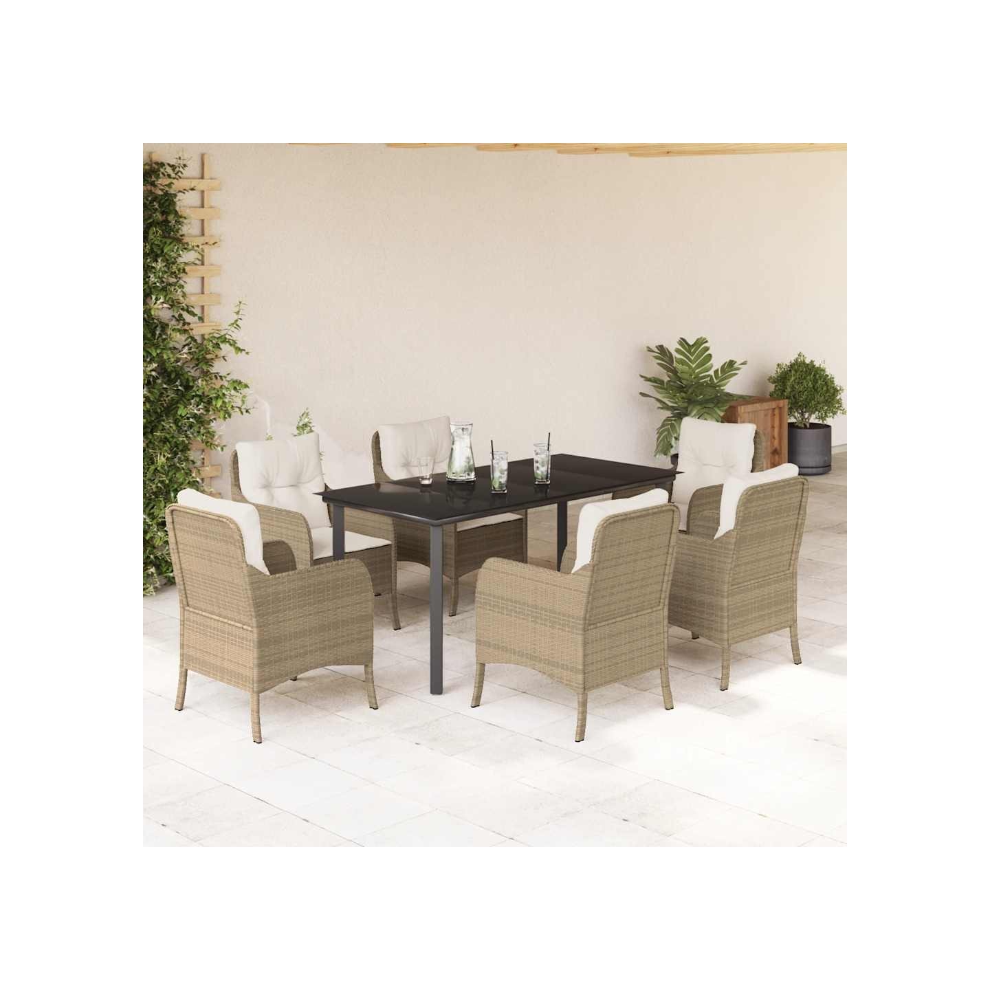 Ensemble à manger de jardin et coussins 7 pcs beige poly rotin