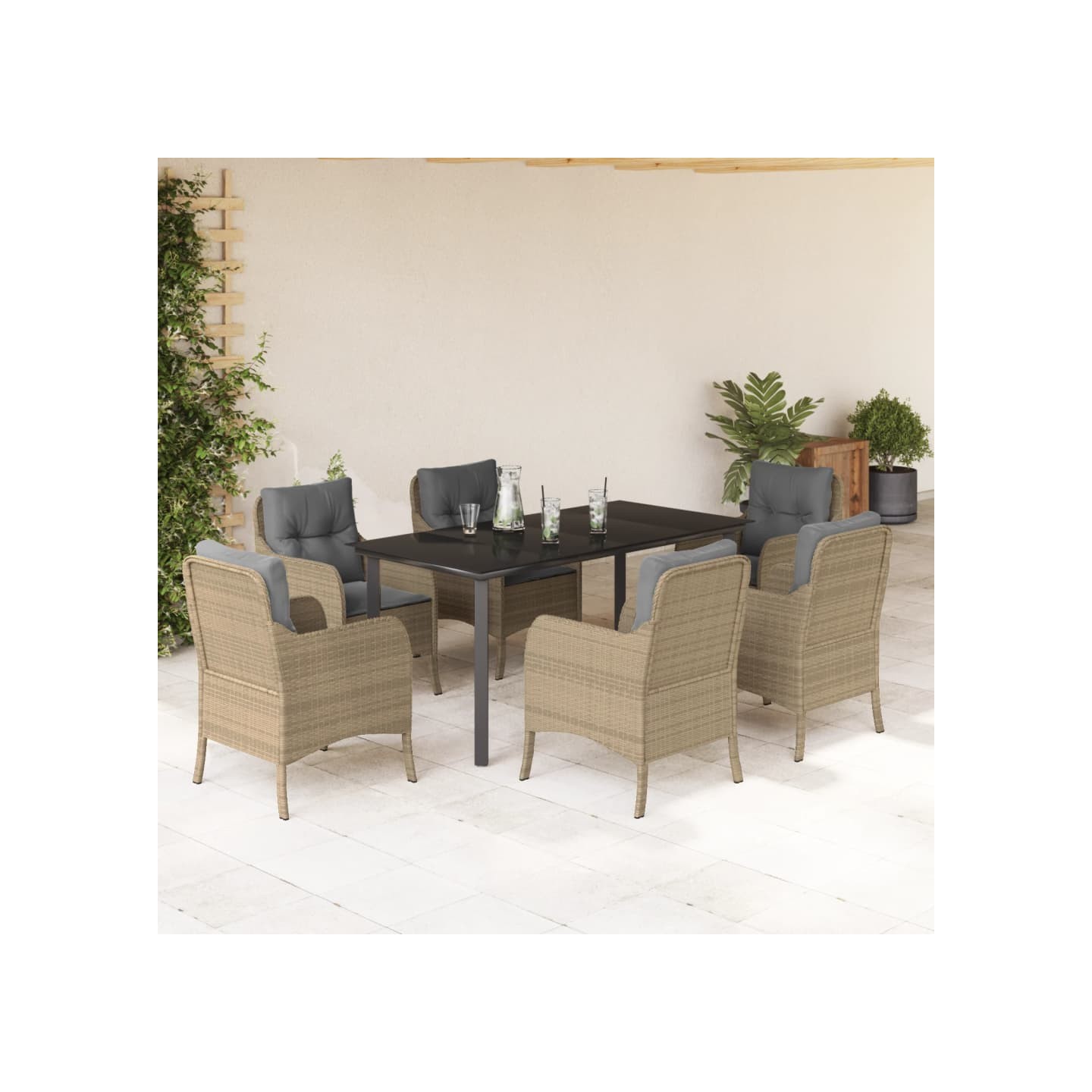 Ensemble à manger de jardin et coussins 7 pcs beige poly rotin