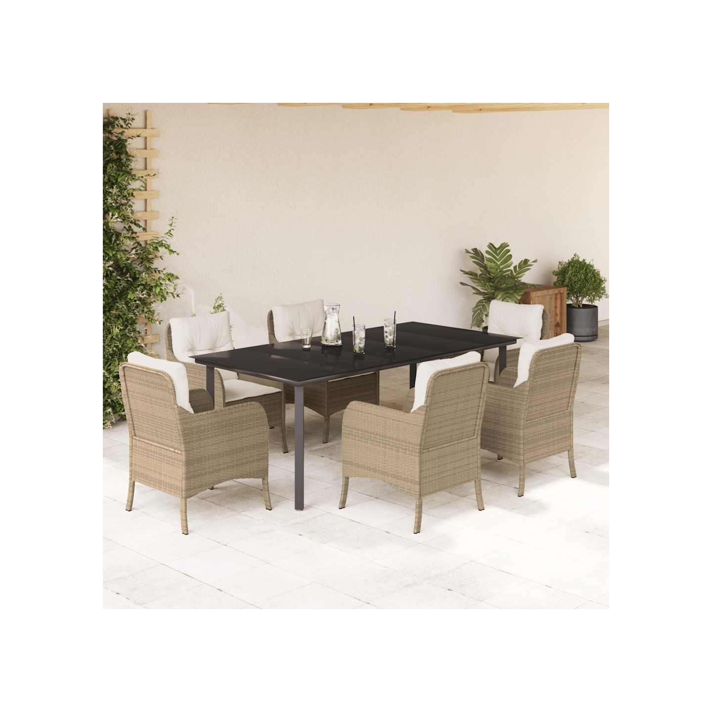 Ensemble à manger de jardin et coussins 7 pcs beige poly rotin