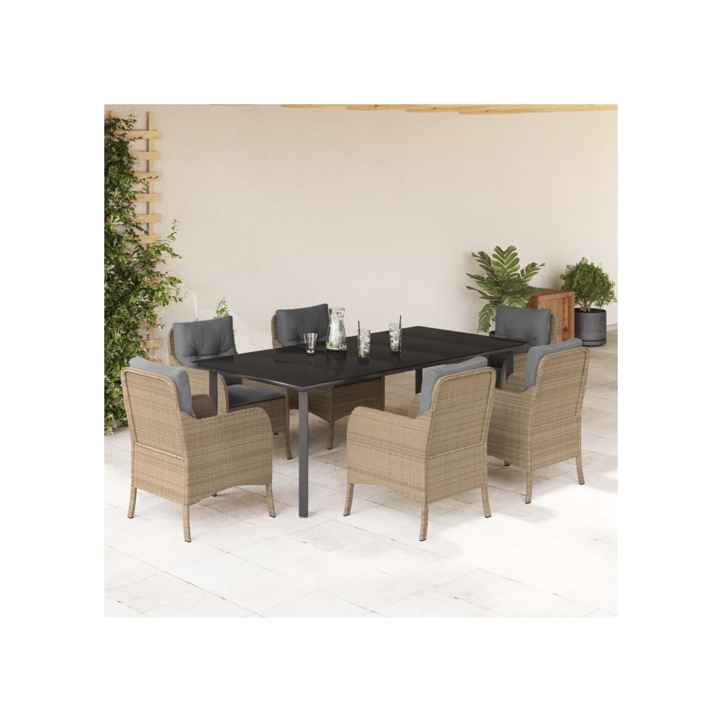 Ensemble à manger de jardin et coussins 7 pcs beige poly rotin