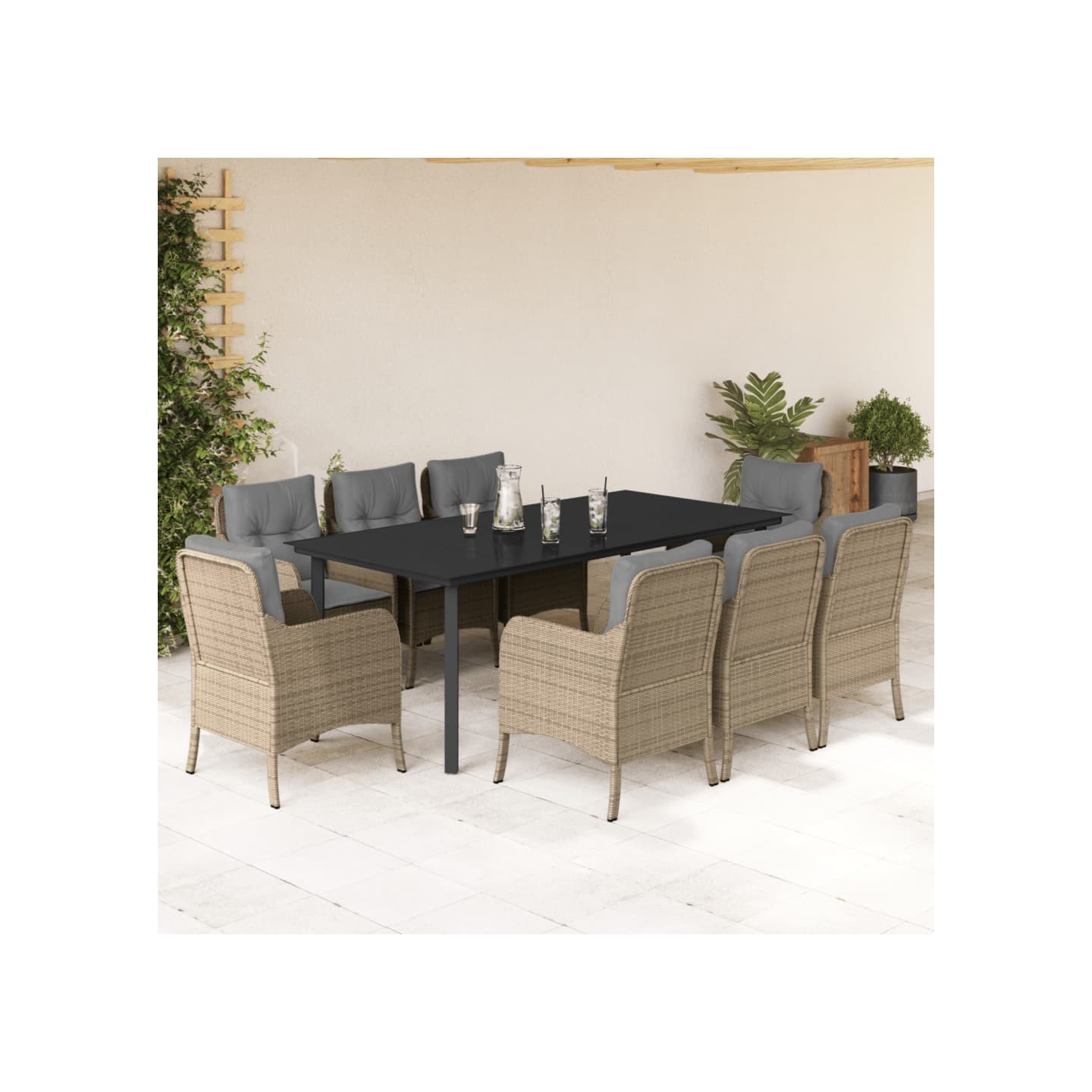 Ensemble à manger de jardin et coussins 9 pcs beige Poly rotin